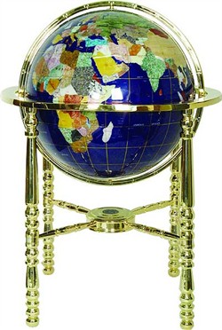Floor Stand Globes - Large 25 Inch Diameter Gemstone Globe with Lapis Gemstone Oceans and 4 Leg Brass Globe Stand