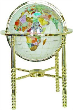 Floor Stand Globes - Large 25 Inch Diameter Gemstone Globe with Mother of Pearl Gemstone Oceans and 4 Leg Brass Globe Stand